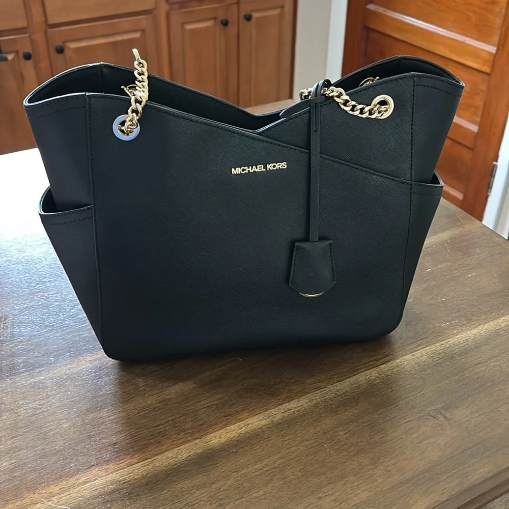 Michael Kors Black and Gold Tote with Chain Accents - Picture 5 of 11